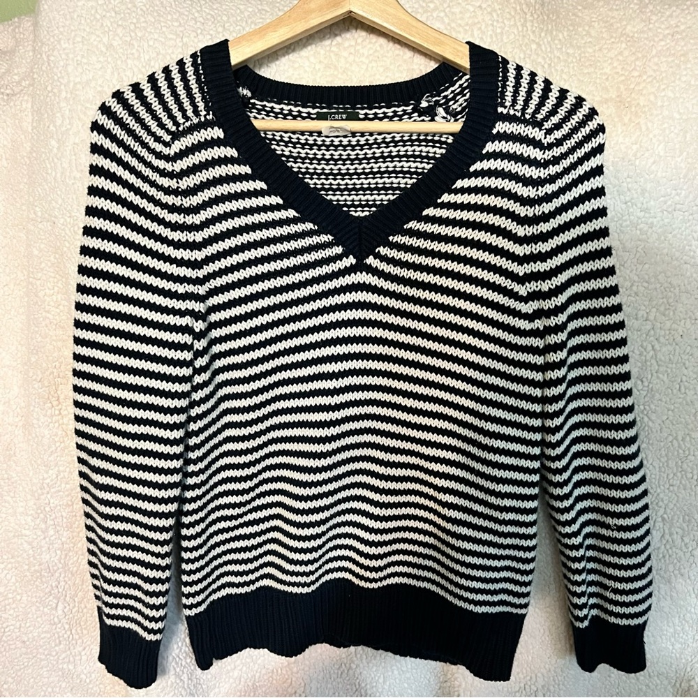 JCrew blue and white striped V-neck sweater